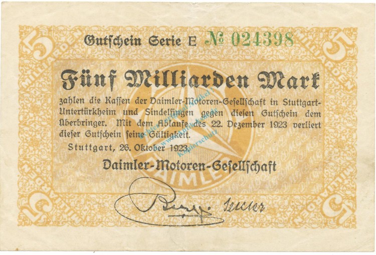 Stuttgart , Banknote 5 Milliarden Mark gbr. Keller 4923.b , Württemberg 1923 Inflation