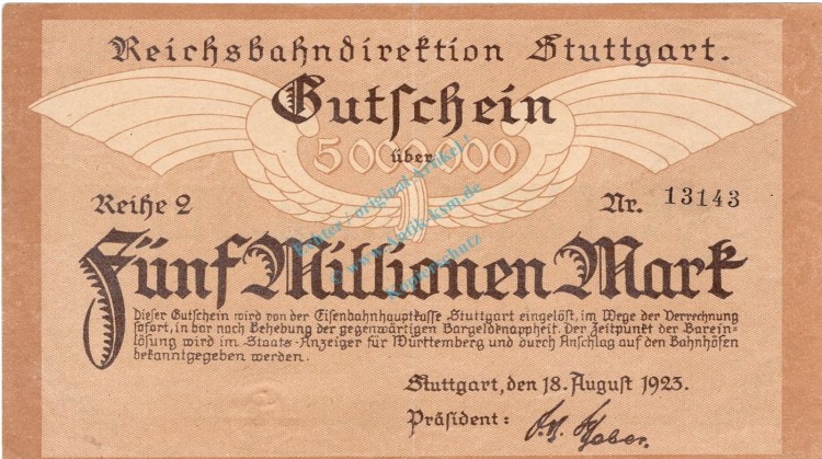 Stuttgart , Banknote 5 Millionen Mark Schein in unc-kfr. Keller 4926.c , Württemberg 1923 Inflation