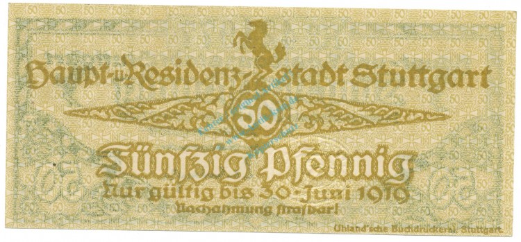 Stuttgart , Notgeld 50 Pfennig Schein unc-kfr. Ti.7220.20.10 WÜR o.D. Verkehrsausgabe -4266-