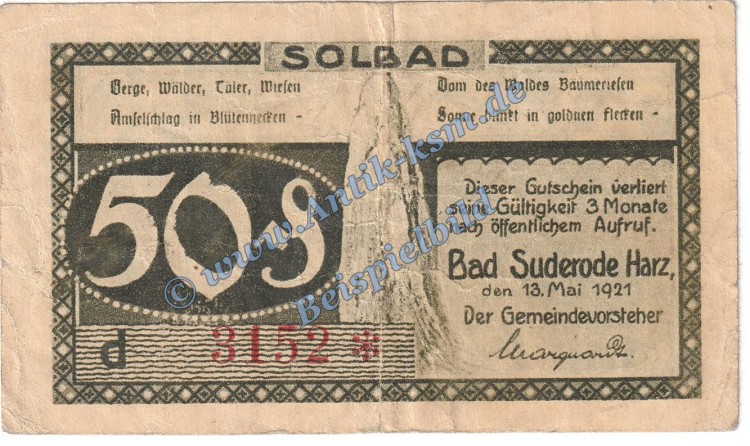 Suderode , Notgeld 50 Pfennig -d statt a- Schein in gbr. M-G 1292.1.b , Sachsen Anhalt 1921 Seriennotgeld