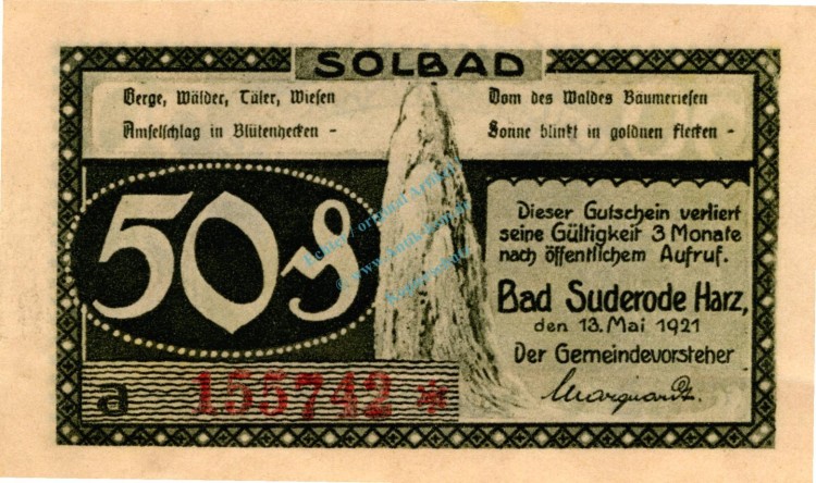 Suderode , Notgeld 50 Pfennig -Fehlbuchstabe a- unc-kfr. M-G 1292.1.b.1 , Sachsen Anhalt 1921 Seriennotgeld
