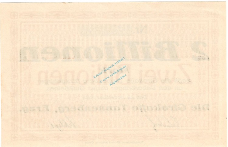 Tannenberg , Banknote 2 Billionen Mark -o.Kn- in unc-kfr Bühn 6890.47 , Sachsen 1923 Inflation