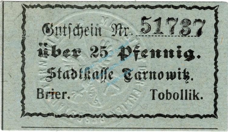 Tarnowitz , Notgeld 25 Pfennig Schein unc-kfr. Ti.7285.25.25 , Schlesien o.D. Verkehrsausgabe