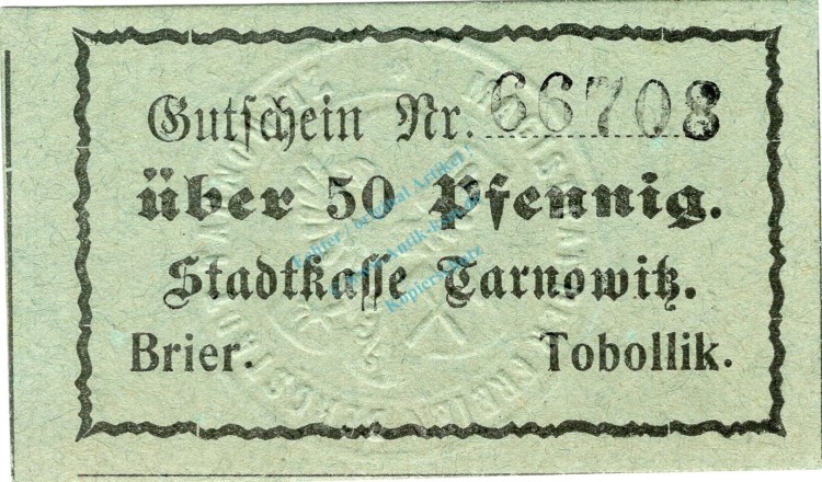 Tarnowitz , Notgeld 50 Pfennig Schein unc-kfr. Ti.7285.25.45 Schlesien o.D. Verkehrsausgabe