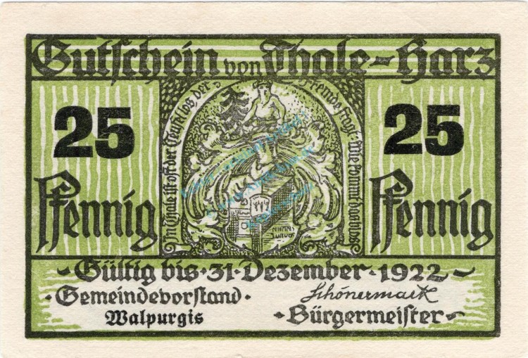 Thale , Notgeld 25 Pfennig Schein -grün- unc-kfr. M-G 1320.5 , Sachsen Anhalt o.D. Seriennotgeld