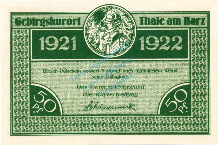 Thale , Notgeld 50 Pfennig Schein Nr.3 unc-kfr , M-G 1164.2 SA 1921 Seriennotgeld -5700-