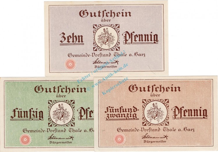 Thale , Notgeld Set mit 3 Scheinen unc-kfr. M-G 1320.3.a , Sachsen Anhalt 1917 SeriennotgeldThale , Notgeld Set mit 3 Scheinen unc-kfr. M-G 1320.3.a , Sachsen Anhalt 1917 Seriennotgeld