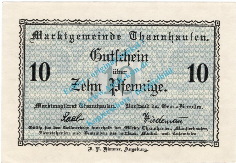 Thannhausen , Notgeld 10 Pfennig Schein in kfr. Tieste 7335.05.01 , Bayern o.D. Verkehrsausgabe
