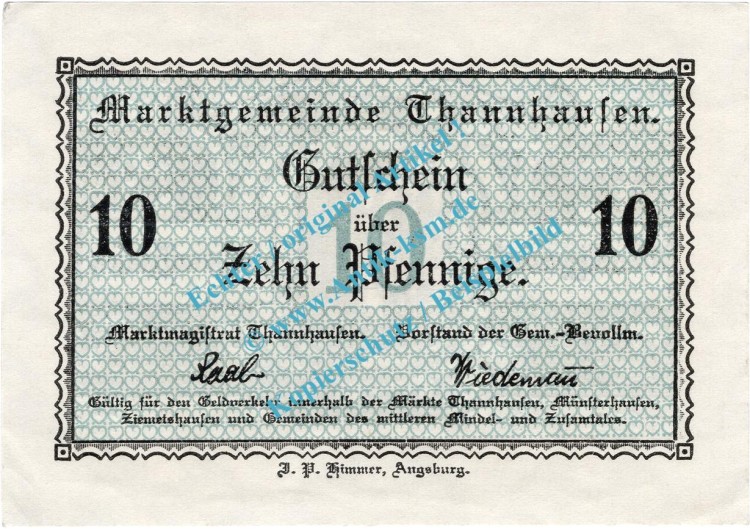 Thannhausen , Notgeld 10 Pfennig Schein in kfr. Tieste 7335.05.10 , Bayern o.D. Verkehrsausgabe