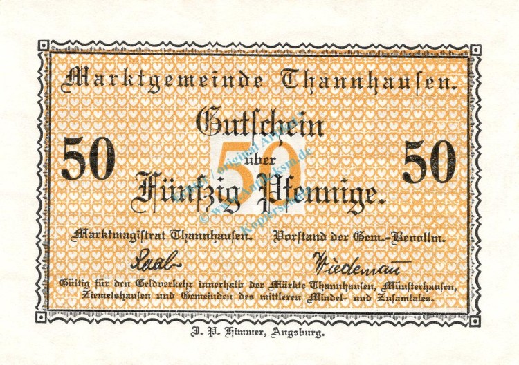 Thannhausen , Notgeld 50 Pfennig Schein unc-kfr. Ti.7335.05.12 Bayern o.D. VerkehrsausgabeThannhausen , Notgeld 50 Pfennig Schein unc-kfr. Ti.7335.05.12 Bayern o.D. Verkehrsausgabe