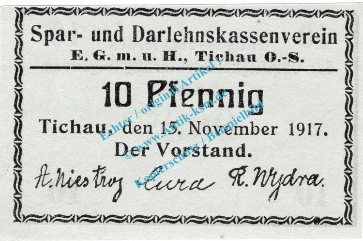 Tichau , Notgeld 10 Pfennig Schein in kfr. Tieste 7350.05.25 , Oberschlesien 1917 Verkehrsausgabe