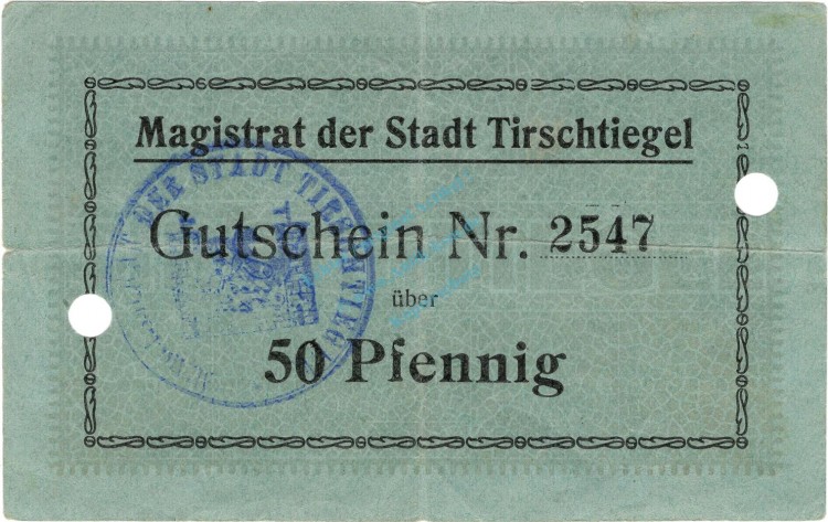 Tirschtiegel , Notgeld 50 Pfennig Schein gbr.E Diessner 401.a , Posen o.D. Notgeld 1914-15