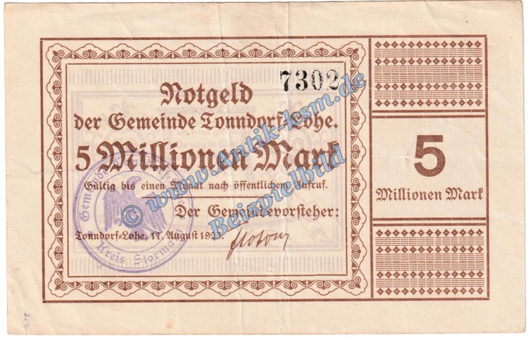Tonndorf Lohe , Banknote 5 Millionen Mark Schein in gbr. Keller 5184.b Inflation 1923 Schleswig Holstein