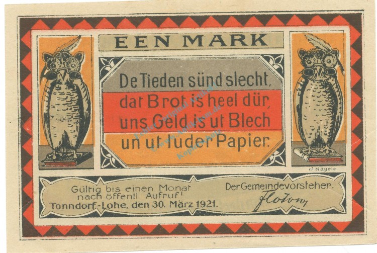 Tonndorf , Notgeld 1 Mark -dünn,glatt- unc-kfr. M-G 1330.2 , SH 1921 Seriennotgeld -5821-