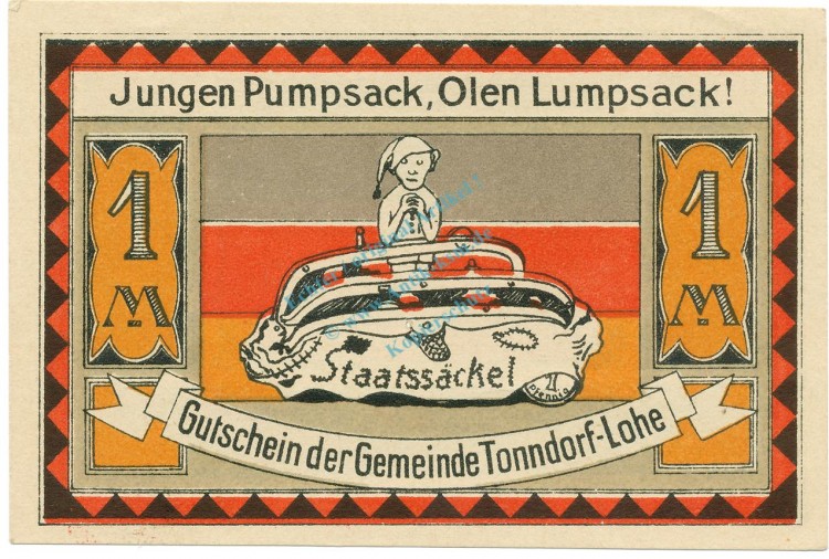 Tonndorf , Notgeld 1 Mark -dünn,glatt- unc-kfr. M-G 1330.2 , SH 1921 Seriennotgeld -5821-