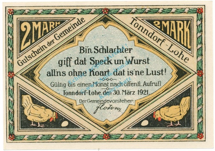 Tonndorf , Notgeld 2 Mark -dünn,glatt- unc-kfr. M-G 1330.2 , SH 1921 Seriennotgeld -5822-