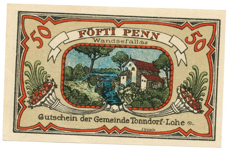 Tonndorf , Notgeld 50 Pfennig -dünn,glatt- unc-kfr. M-G 1330.2 , SH 1921 Seriennotgeld -5820-