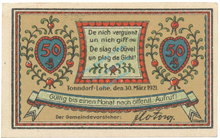 Tonndorf , Notgeld 50 Pfennig -dünn,glatt- unc-kfr. M-G 1330.2 , SH 1921 Seriennotgeld -5820-