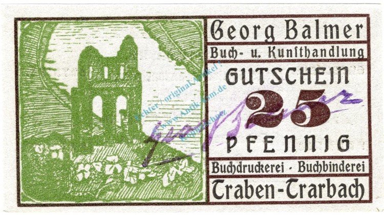 Traben-Trarbach , Notgeld 25 Pfennig --mit US-- unc-kfr. M-G 1333.1 , Rheinland 1921 Seriennotgeld