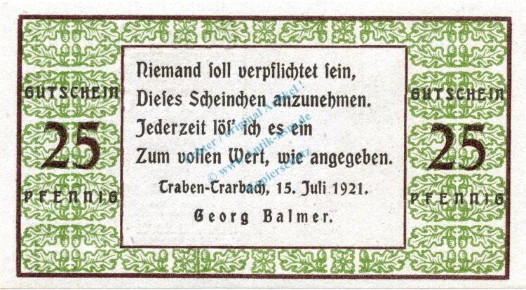 Traben-Trarbach , Notgeld 25 Pfennig --mit US-- unc-kfr. M-G 1333.1 , Rheinland 1921 Seriennotgeld