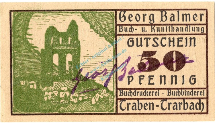 Traben-Trabach , Notgeld 50 Pfennig Schein --mit US-- unc-kfr. M-G 1333.1 , Rheinland 1921 Seriennotgeld