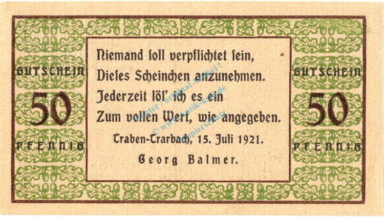 Traben-Trarbach , Notgeld 50 Pfennig Schein --mit US-- unc-kfr. M-G 1333.1 , Rheinland 1921 Seriennotgeld