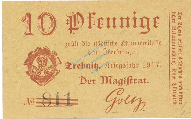 Trebnitz , Notgeld 10 Pfennig Schein unc-kfr. Ti.7400.15.07 , Schlesien 1917 Verkehrsausgabe