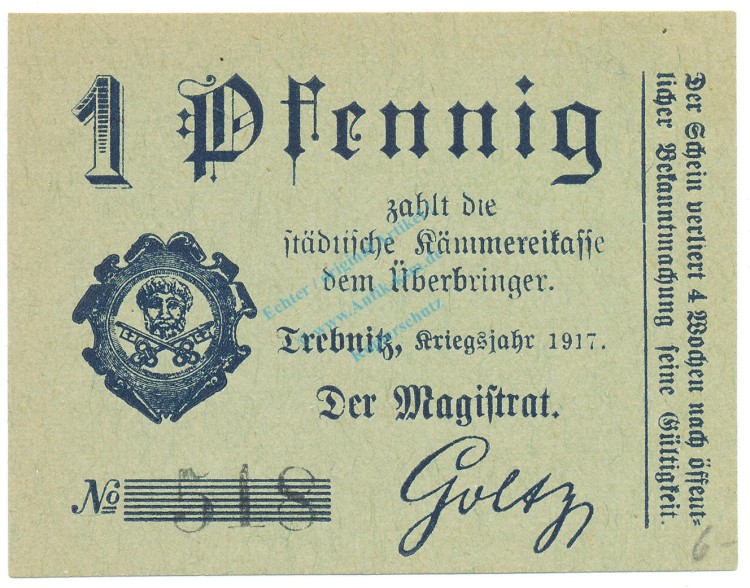 Trebnitz , Notgeld 1 Pfennig Schein unc-kfr. Ti.7400.15.05 , Schlesien 1917 Verkehrsausgabe