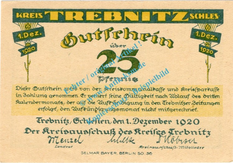 Trebnitz , Notgeld 25 Pfennig Schein in kfr. Tieste 7400.10.05 , Schlesien 1920 Verkehrsausgabe