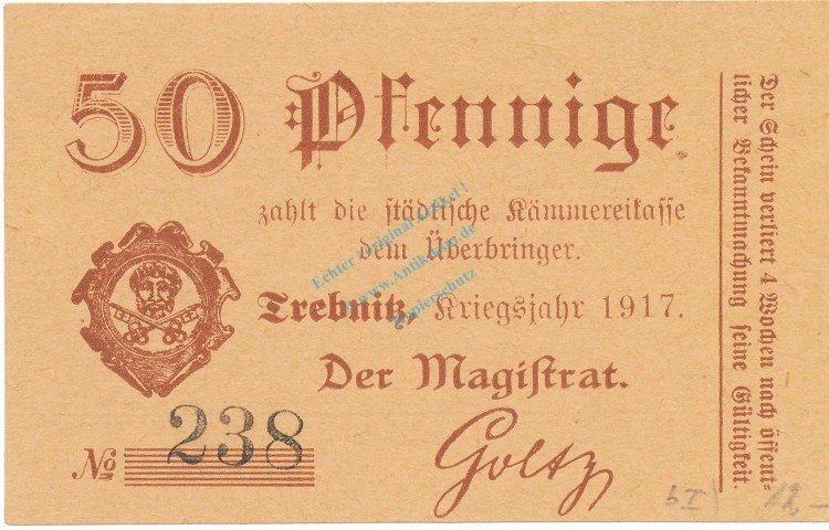 Trebnitz , Notgeld 50 Pfennig Schein unc-kfr. Ti.7400.15.08 , Schlesien 1917 Verkehrsausgabe