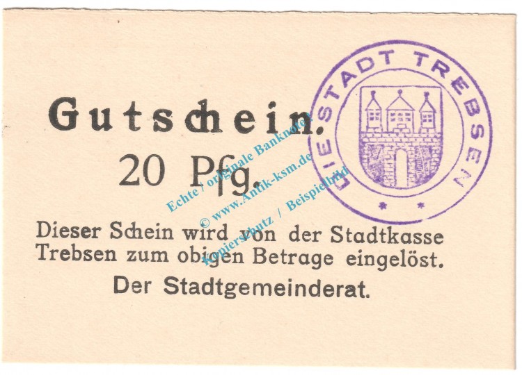 Trebsen , Notgeld 20 Pfennig Schein in kfr. Tieste 7405.05.10 , Sachsen o.D. Verkehrsausgabe