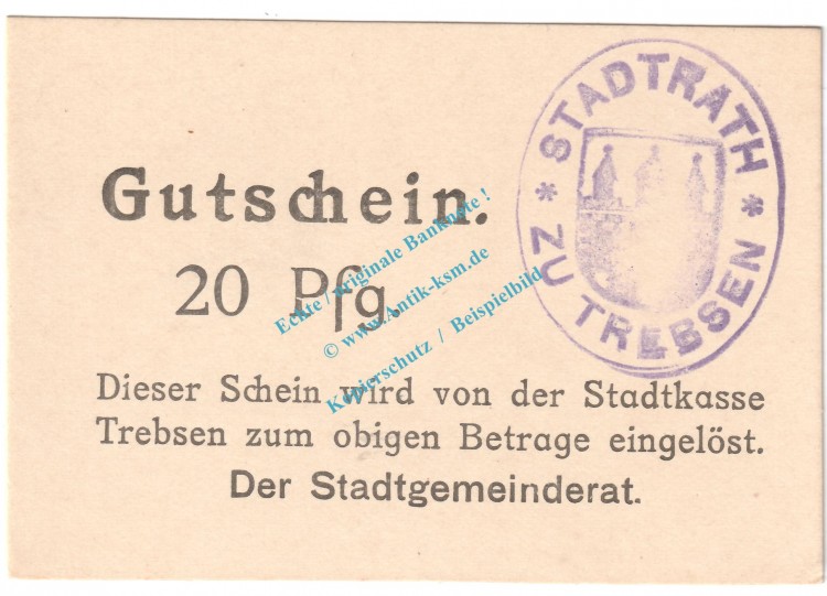 Trebsen , Notgeld 20 Pfennig Schein in kfr. Tieste 7405.05.30 , Sachsen o.D. Verkehrsausgabe