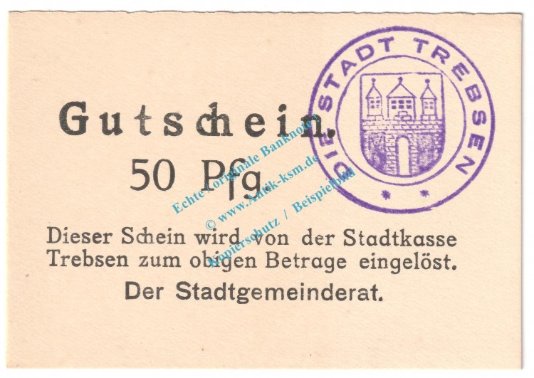 Trebsen , Notgeld 50 Pfennig Schein in kfr. Tieste 7405.05.11 , Sachsen o.D. Verkehrsausgabe