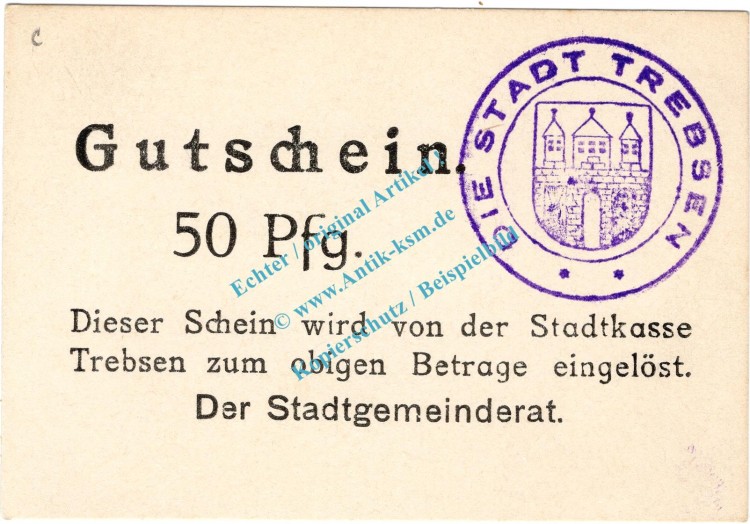 Trebsen , Notgeld 50 Pfennig Schein in kfr. Tieste 7405.05.16 , Sachsen o.D. Verkehrsausgabe