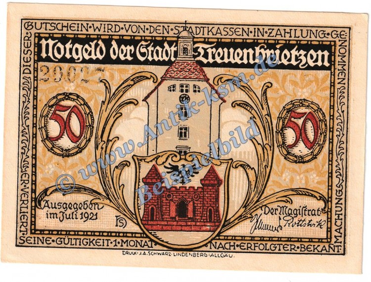 Treuenbrietzen , Notgeld 50 Pfennig -KN links- in kfr. M-G 1339.1.b Brandenburg 1921 Seriennotgeld