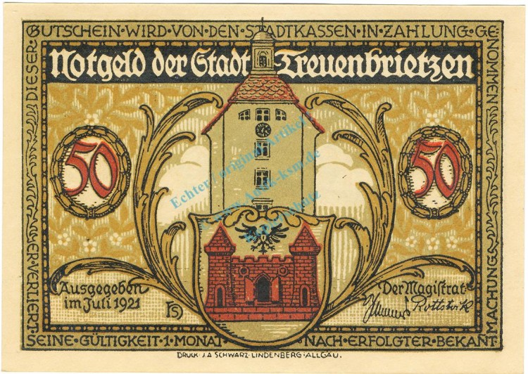 Treuenbrietzen , Notgeld 50 Pfennig -ohne Kennummer- unc-kfr. M-G 1339.1.M , Brandenburg 1921 Seriennotgeld