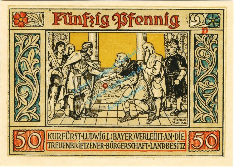 Treuenbrietzen , Notgeld 50 Pfennig -ohne Kennummer- unc-kfr. M-G 1339.1.M , Brandenburg 1921 Seriennotgeld