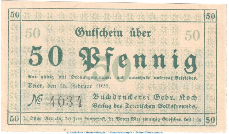 Trier Notgeld 1342.2 Gebr. Koch , 50 Pfennig Schein in kfr. von 1920 , Rheinland Seriennotgeld