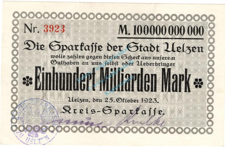 Uelzen , Banknote 100 Milliarden Mark Schein unc-kfr. Keller 5259 , Niedersachsen 1923 Inflation