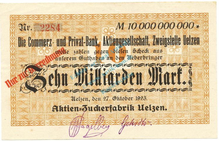 Uelzen , Banknote 10 Milliarden Mark F-kfr. Keller.5260 Niedersachsen 1923 Inflation -3612-