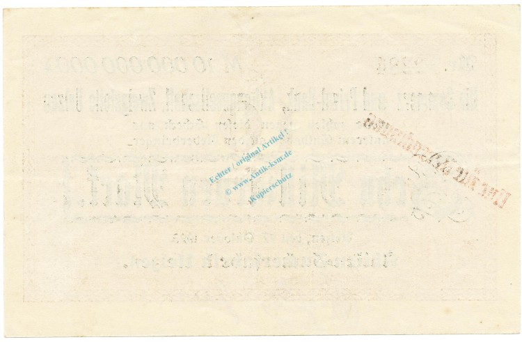 Uelzen , Banknote 10 Milliarden Mark F-kfr. Keller.5260 Niedersachsen 1923 Inflation -3612-