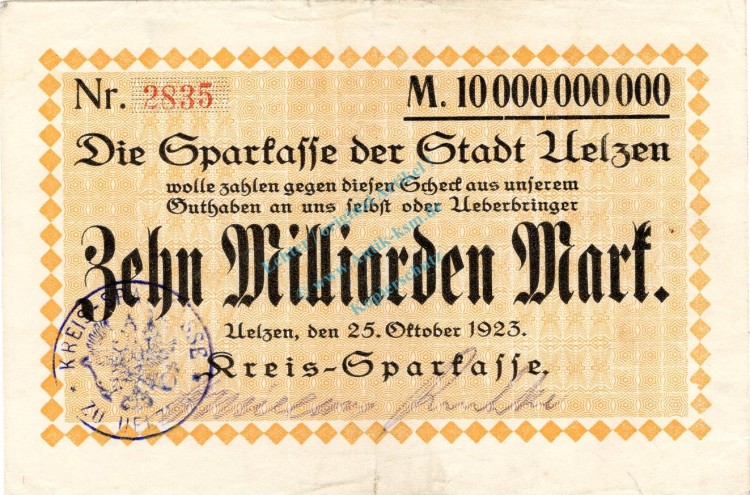 Uelzen , Banknote 10 Milliarden Mark Schein gbr. Keller 5259 , Niedersachsen 1923 Inflation