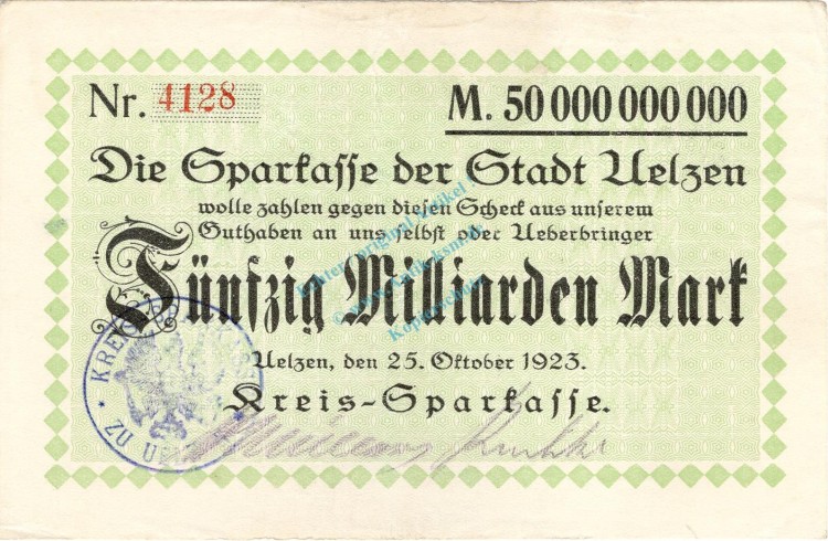 Uelzen , Banknote 50 Milliarden Mark Schein L-gbr. Keller 5259 , Niedersachsen 1923 Inflation