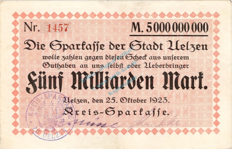 Uelzen , Banknote 5 Milliarden Mark Schein L-gbr. Keller 5259 , Niedersachsen 1923 Inflation