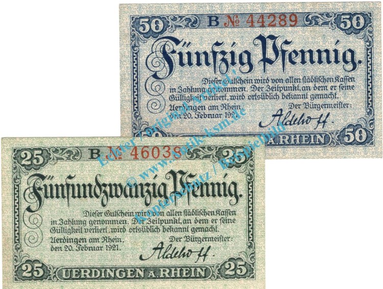 Uerdingen , Notgeld Set mit 2 Scheinen -B- in unc. Tieste 7510.05.15-16 , Rheinland 1921 Verkehrsausgabe