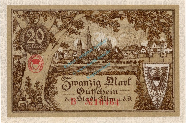 Ulm , Banknote 20 Mark Schein unc-kfr. Geiger 528.02.a , Württemberg 1918 Grossnotgeld