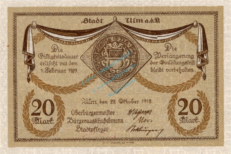 Ulm , Banknote 20 Mark Schein unc-kfr. Geiger 528.02.a , Würrtemberg 1918 Grossnotgeld
