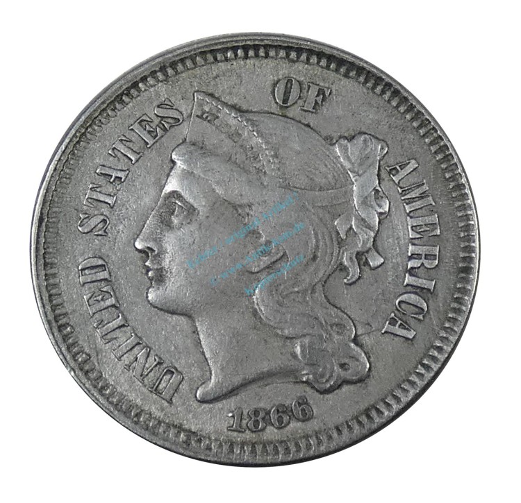 USA - Amerika , 3 Cent Münze 1866 -coronet Head left- KM.95 , ss-vz , -0153-