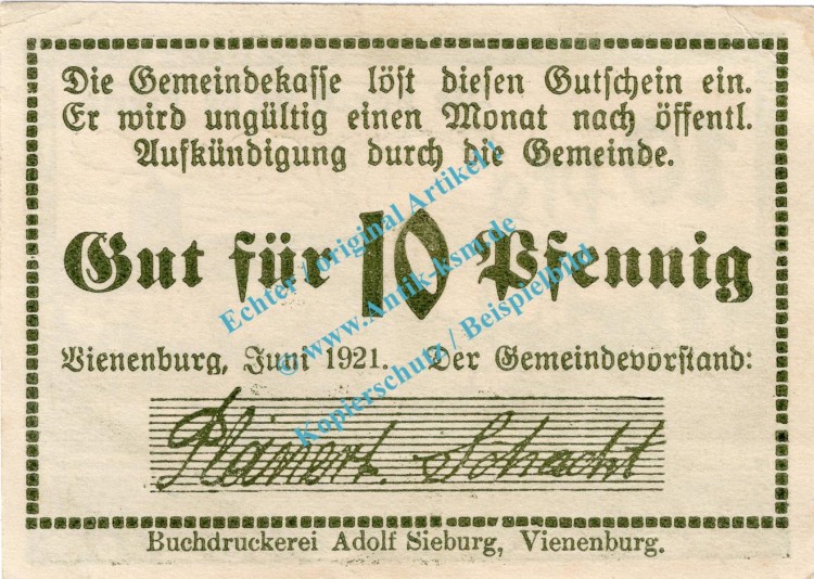 Vienenburg , Notgeld 10 Pfennig Schein in kfr. M-G 1361.1.c , Niedersachsen 1921 Seriennotgeld