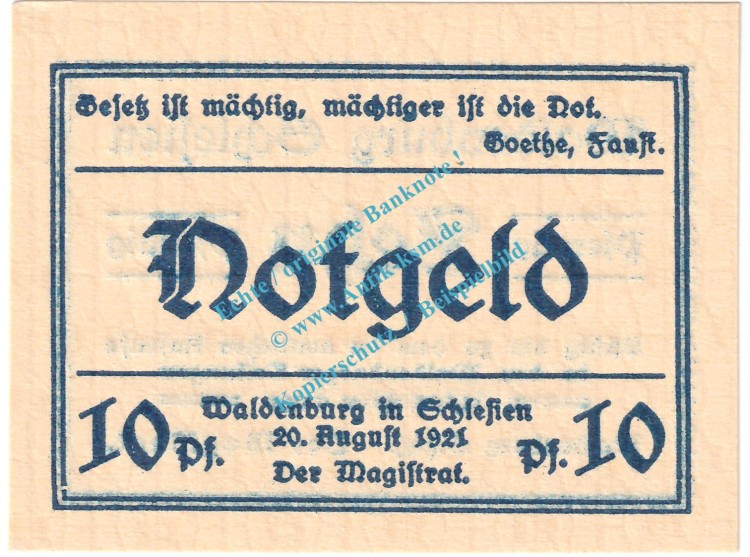 Waldenburg , Notgeld 10 Pfennig Nr.2 -gelblich- in kfr. M-G 1371.22 , Schlesien 1921 Seriennotgeld